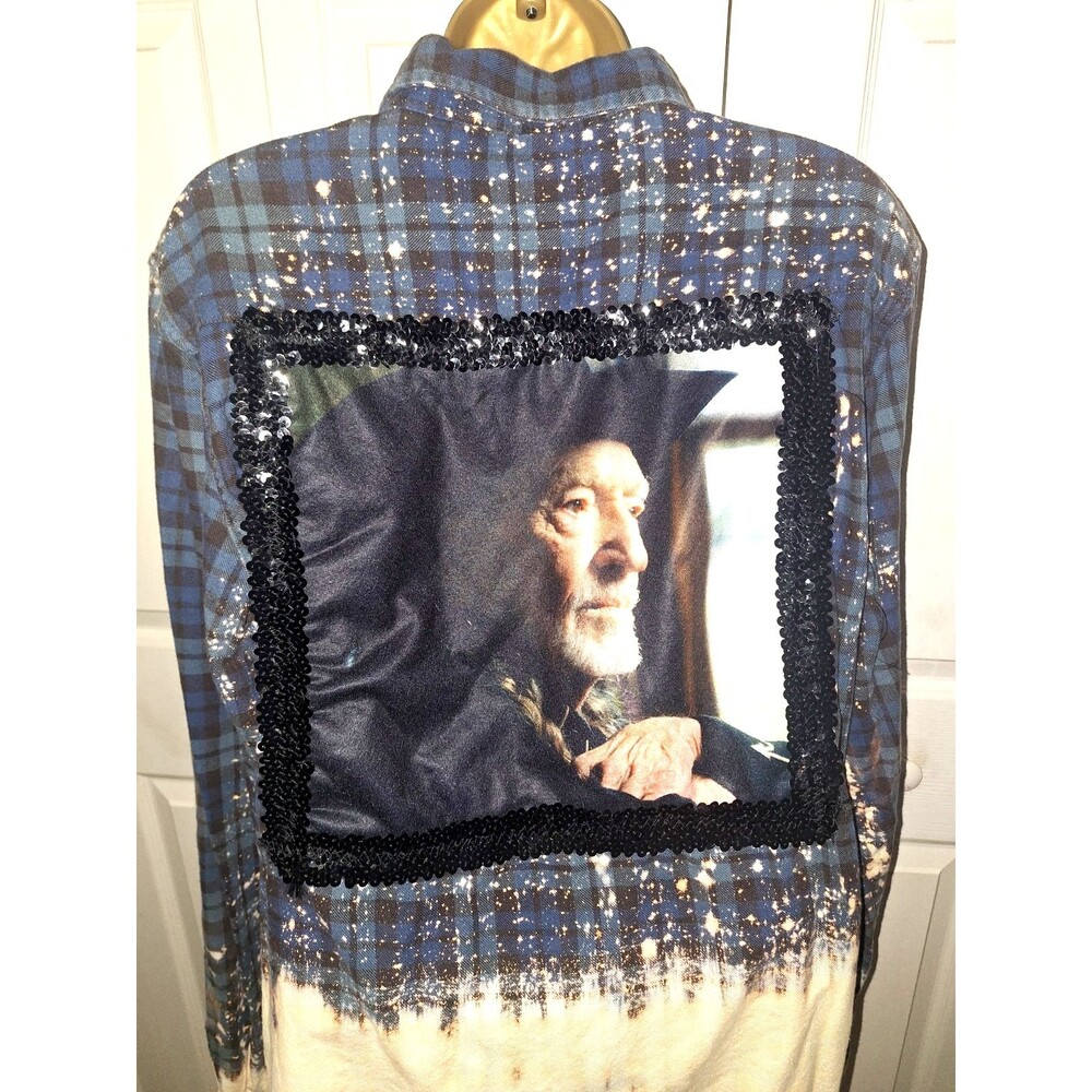 Levi's Pearl Snap Plaid Flannel Shirt Upcycled Lge Splatter Country Music Willie